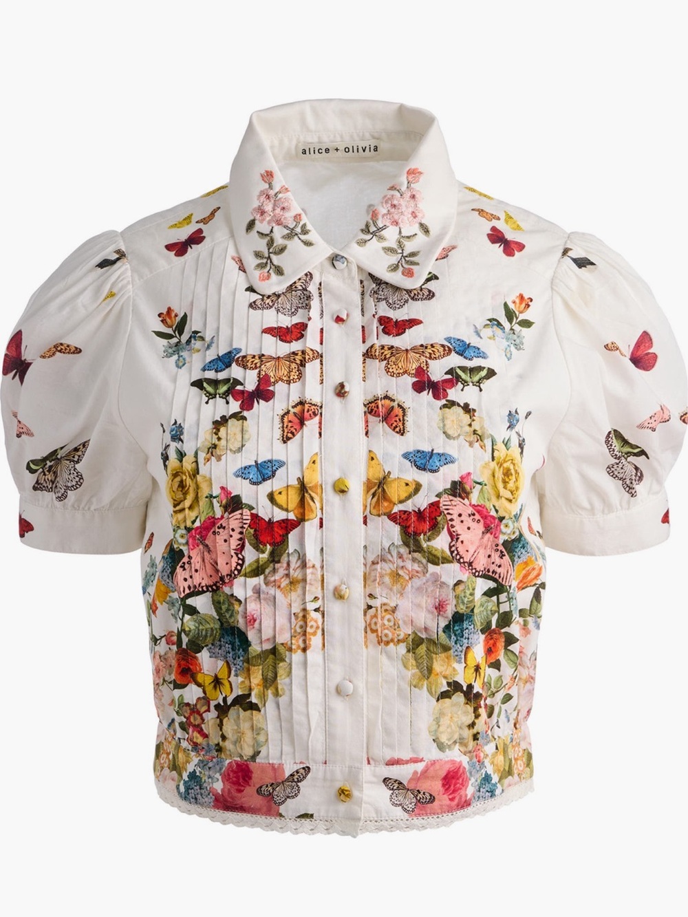 Alice + Olivia White Floral & Butterfly Pintuck Crop Blouse - Picture 5 of 9